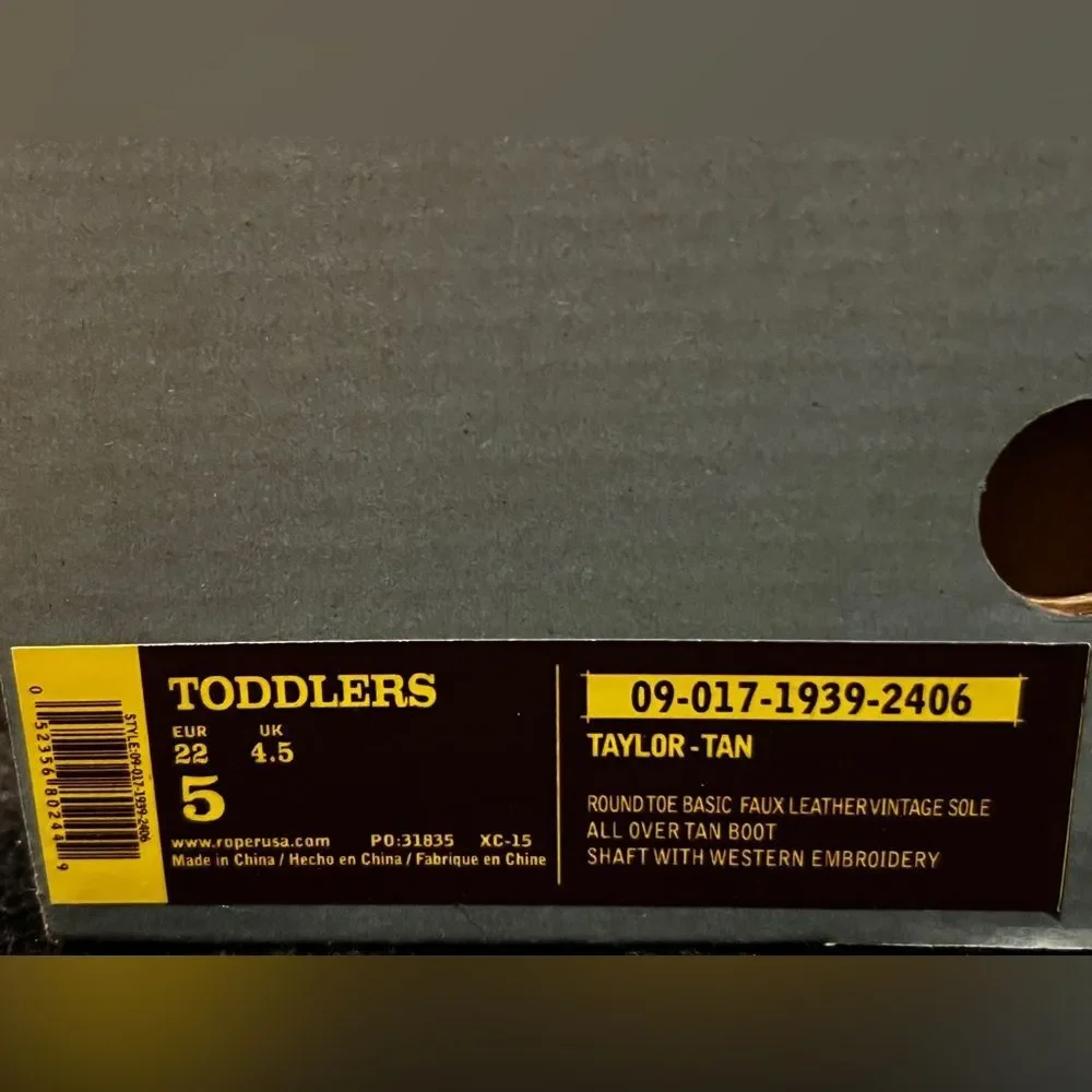Roper Toddler Girls' Taylor Western Boots - Round Toe Size 5 Tan